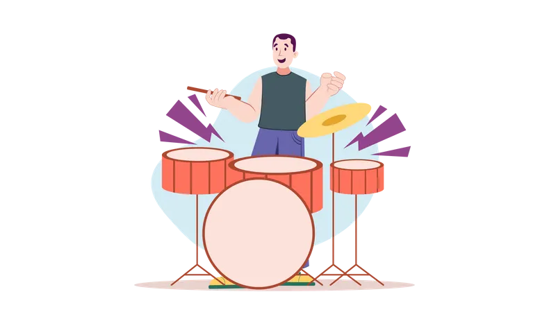 Young male playing drum with drum system  Illustration