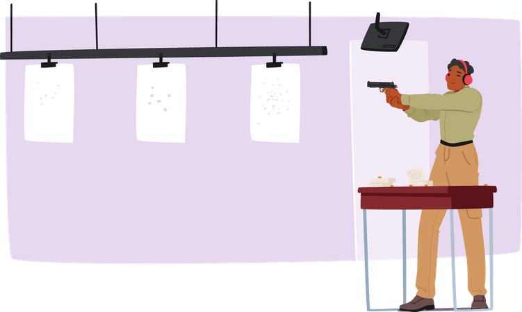 Young Male Practicing Shooting Skills At Indoor Gun Range  Illustration