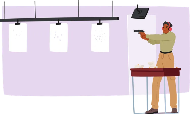 Young Male Practicing Shooting Skills At Indoor Gun Range  Illustration