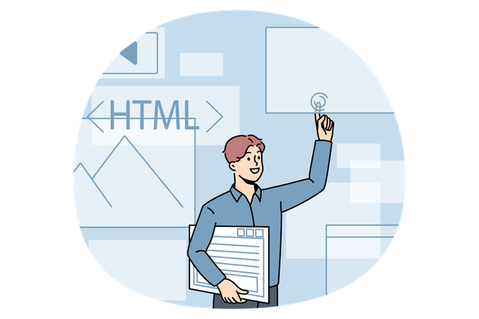 若い男性プログラマーが立ってメールの HTML とグラフィックスを指している  イラスト