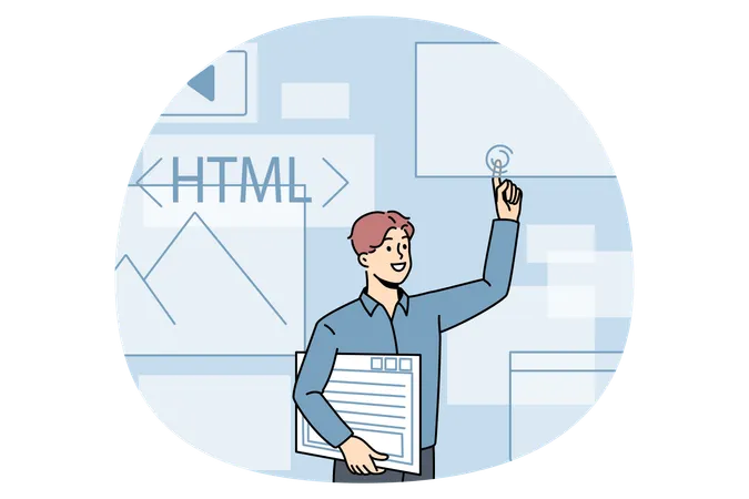 若い男性プログラマーが立ってメールの HTML とグラフィックスを指している  イラスト
