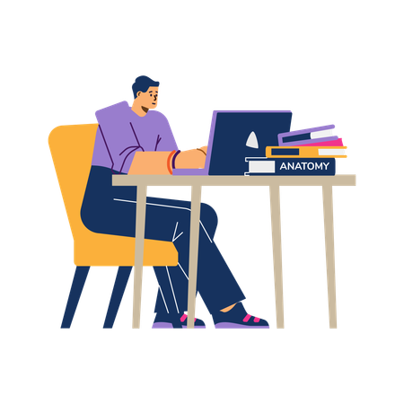 Young male student sitting with laptop and pile of anatomy books  Illustration