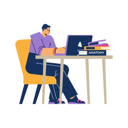 Young male student sitting with laptop and pile of anatomy books  Illustration