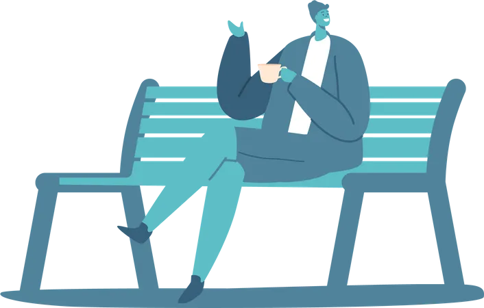 Young Male Character With Coffee Cup Sitting On Bench Isolated On White Background Man In Modern Clothes Spend Time Outdoor On Street Or City Park Cartoon People Vector Illustration Illustration