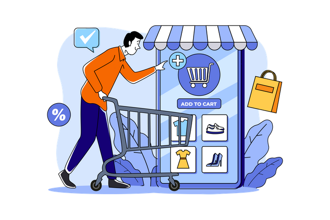 Young Man Adding Item To Cart  Illustration