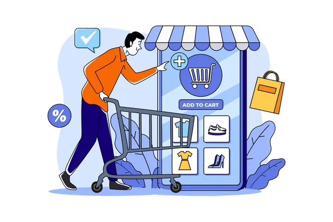 Young Man Adding Item To Cart  Illustration