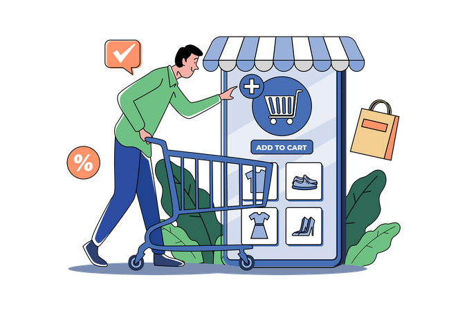 Young Man Adding Item To Cart  Illustration