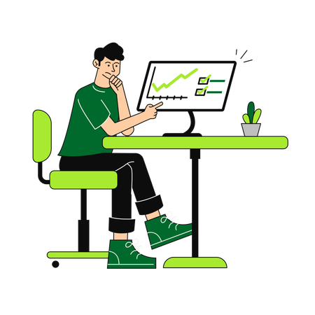 Young Man Analysing Data on Computer  Illustration