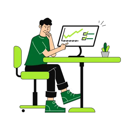 Young Man Analysing Data on Computer  Illustration