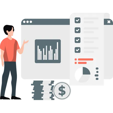 Young man analysis stock market list  Illustration