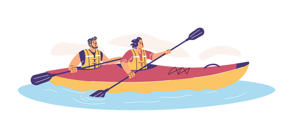 Young man and a girl kayaking on a lake  Illustration