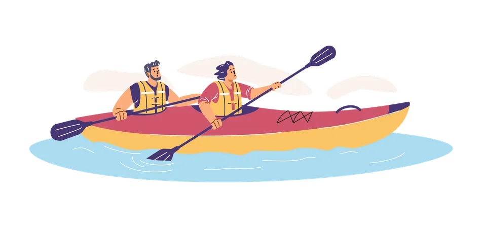 Young man and a girl kayaking on a lake  Illustration