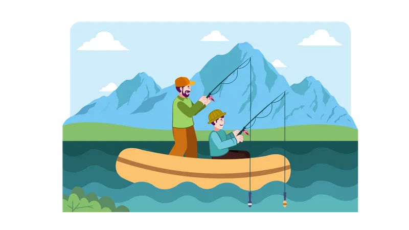 Young man and boy doing fishing  Illustration