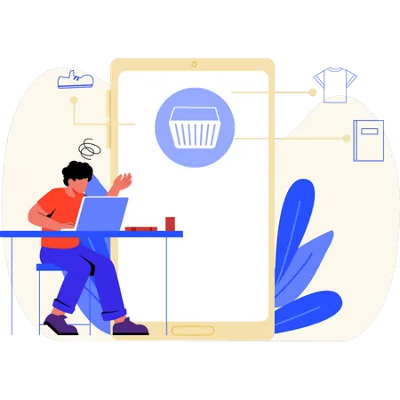 Young man and browsing through e-commerce website  Illustration