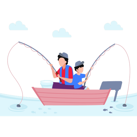 Young Man And Child Fishing In Boat  Illustration