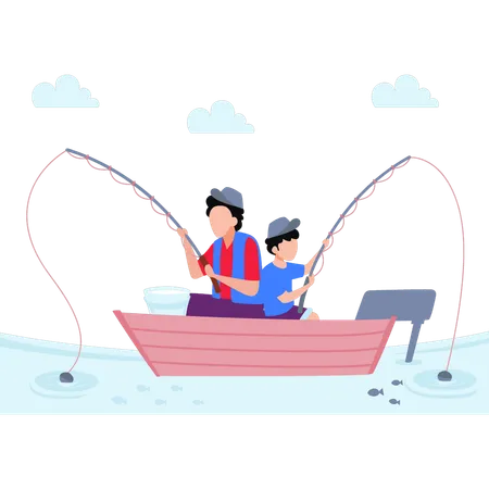 Young Man And Child Fishing In Boat  Illustration