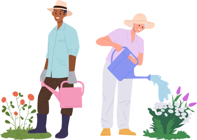 People Cartoon Characters Growing Plant Isolated Set With Young Man And Elderly Woman Watering Blooming Flower In Bed Vector Illustration Seasonal Work At Backyard Or Garden Hobby Recreation Illustration