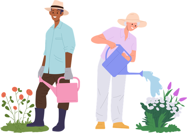 Young man and elderly woman watering flower  Illustration