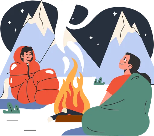 Young man and girl at camping  Illustration