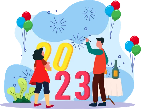 Young Man And Girl Doing New Year Decoration  Illustration