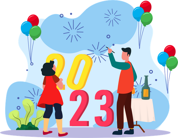 Young Man And Girl Doing New Year Decoration  Illustration