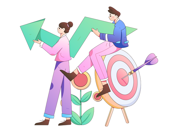 Young man and girl holding growth arrow  Illustration