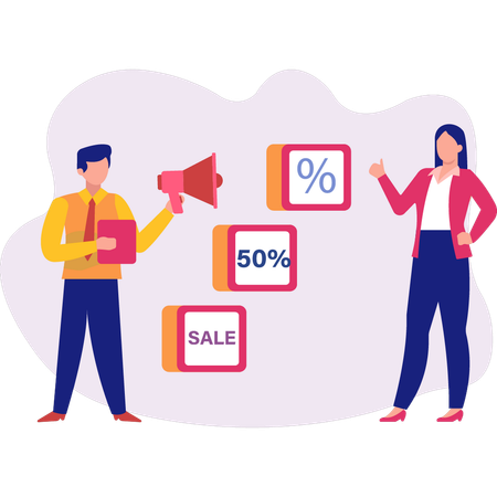 Young man and girl  marketing 50 sale discount offer  Illustration