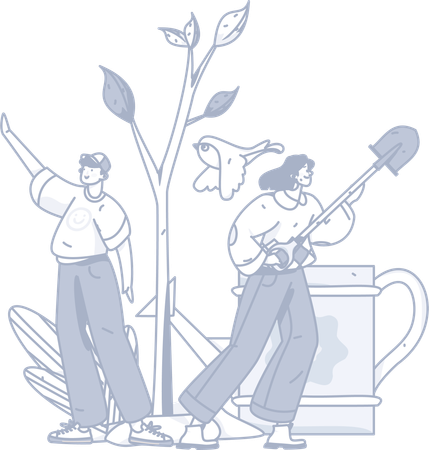 Young man and girl planting palnt  Illustration