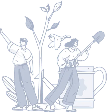 Young man and girl planting palnt  Illustration