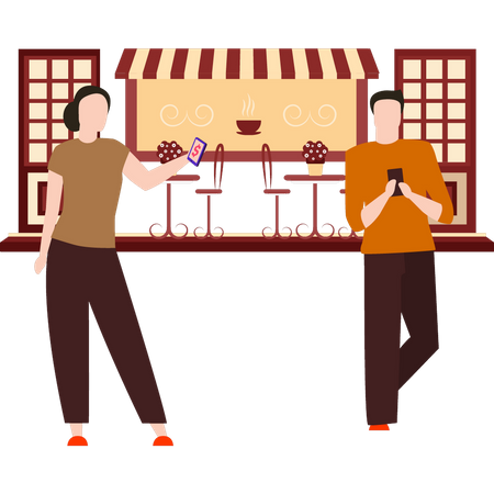 Young man and girl standing in cafe  Illustration