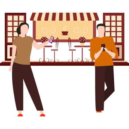 Young man and girl standing in cafe  Illustration