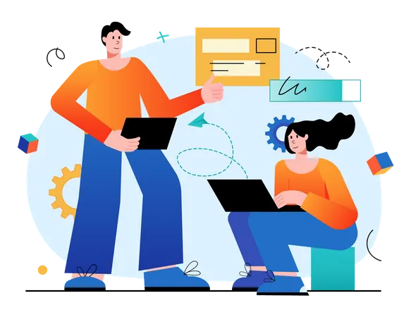 Young man and girl working on business strategy  Illustration