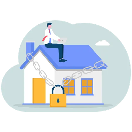 Young man and house locked with padlock  Illustration