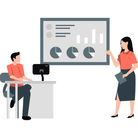 Young man and lady explaining pie charts  Illustration