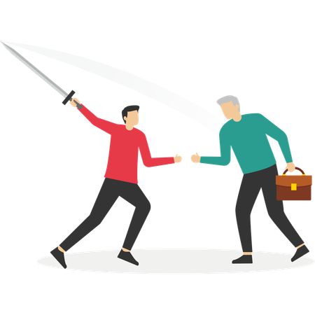 Young man and old man fighting for work  Illustration