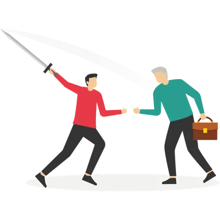Young man and old man fighting for work  Illustration