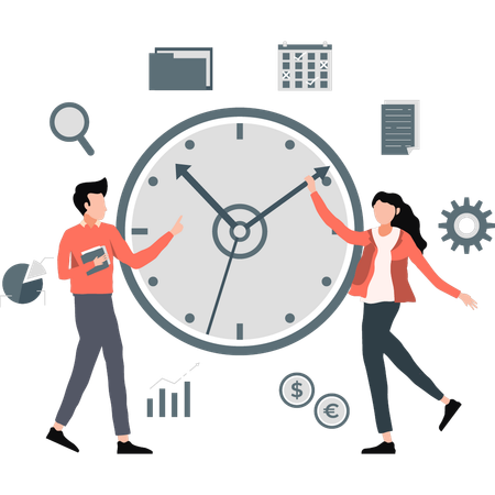 Young man and woman about time on clock  Illustration