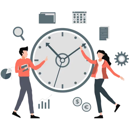 Young man and woman about time on clock  Illustration