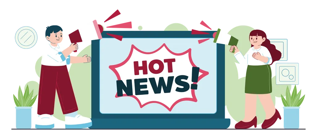 Young man and woman announcing hot news  Illustration