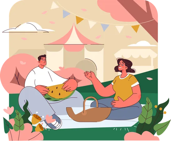 Young man and woman at harden while enjoying picnic food  Illustration