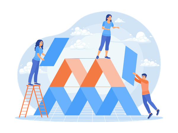 Young man and woman build pyramid from pile of planks  Illustration