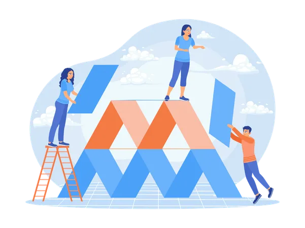 Young man and woman build pyramid from pile of planks  Illustration