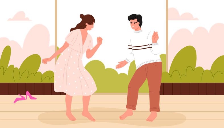Young man and woman dancing on outdoor  イラスト