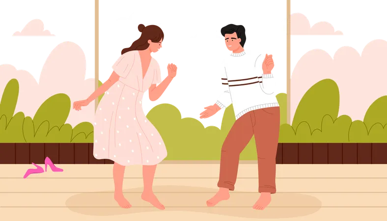 Young Man And Woman Dance On Outdoor Home Terrace Barefoot Happy Couple In Comfortable Clothes Dancing In Fresh Open Summer Air And Smiling Enjoying Time Together Cartoon Vector Illustration Illustration
