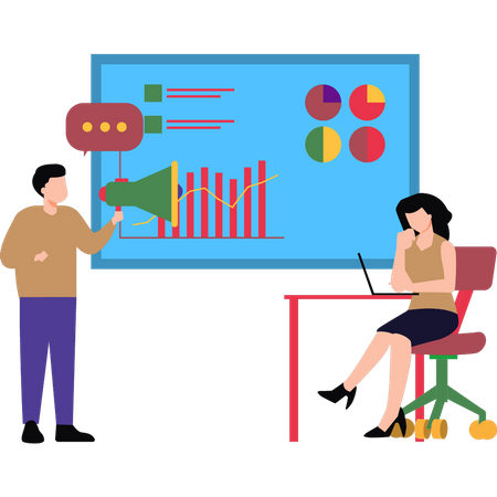 Young man and woman discussing about marketing analysis  Illustration