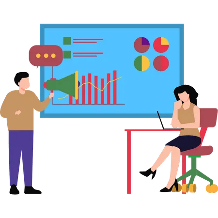Young man and woman discussing about marketing analysis  Illustration