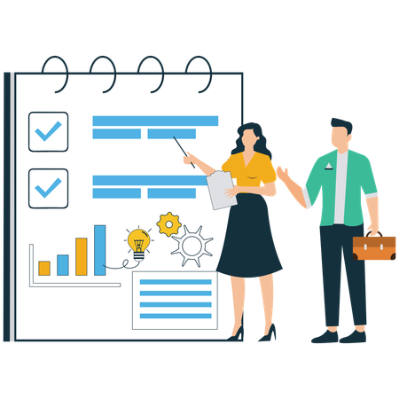 Young Man and Woman Discussing Business Performance Indicators  Illustration