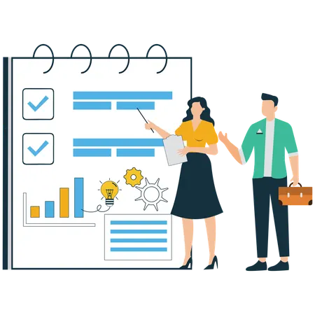 Young Man and Woman Discussing Business Performance Indicators  Illustration