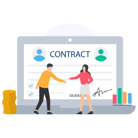 Young man and woman doing B2B Contract  Illustration