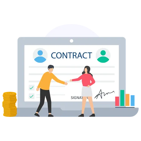 Young man and woman doing B2B Contract  Illustration